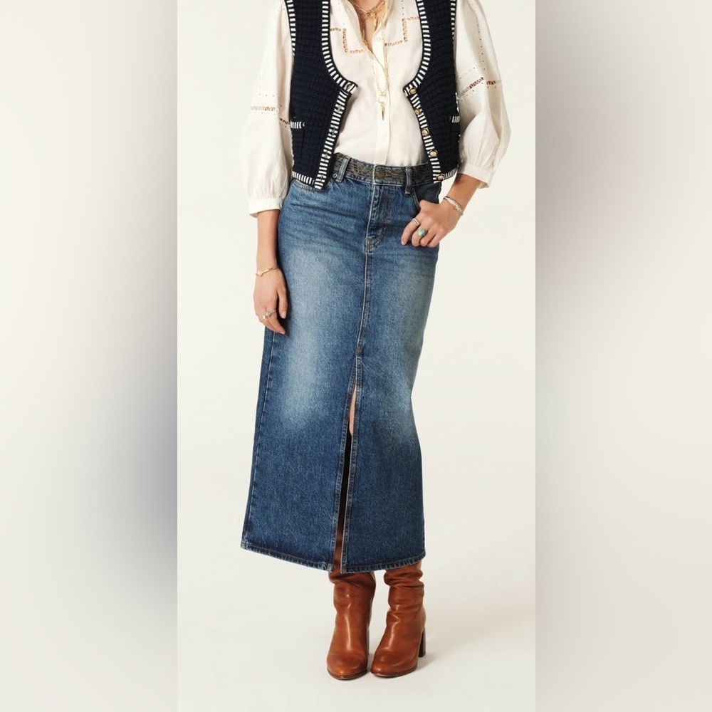 ba&sh Indigo Denim Column Midi Skirt with Front Slit. Decorative Stitching. 2